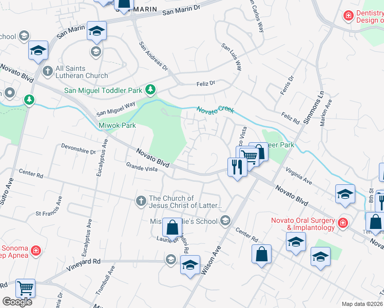 map of restaurants, bars, coffee shops, grocery stores, and more near 17 Oliva Drive in Novato
