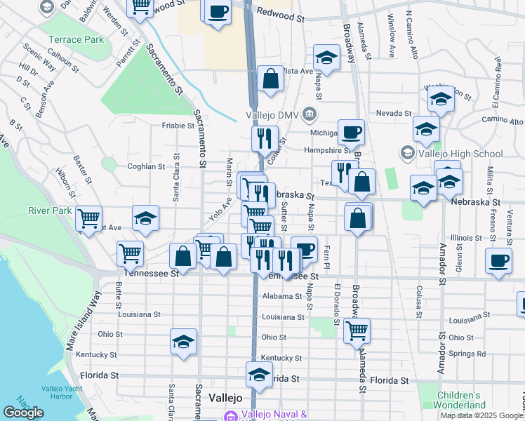 map of restaurants, bars, coffee shops, grocery stores, and more near in Vallejo