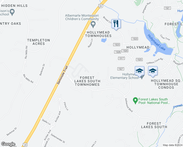 map of restaurants, bars, coffee shops, grocery stores, and more near 2778 Cricklewood Court in Charlottesville