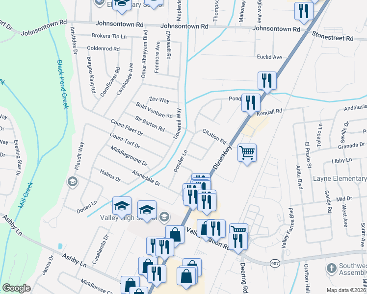 map of restaurants, bars, coffee shops, grocery stores, and more near 9404 Ponder Lane in Louisville