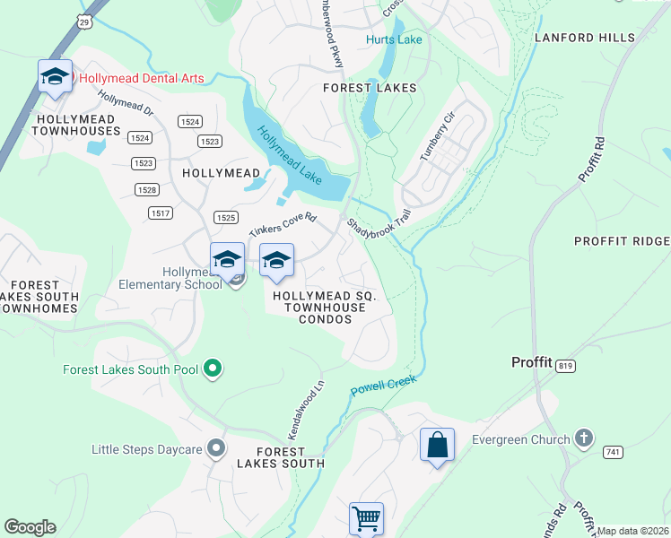 map of restaurants, bars, coffee shops, grocery stores, and more near 1950 Powell Creek Court in Charlottesville