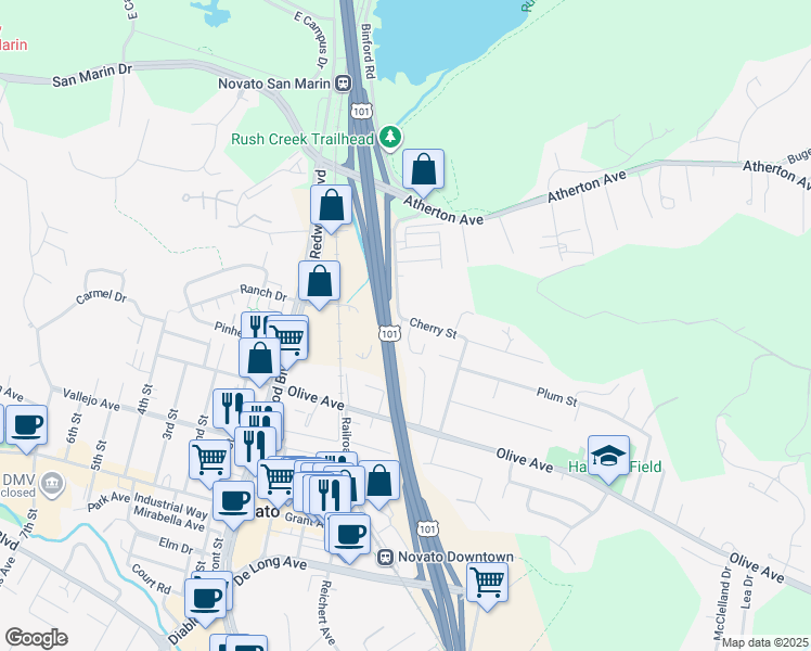 map of restaurants, bars, coffee shops, grocery stores, and more near 724 Cherry Street in Novato