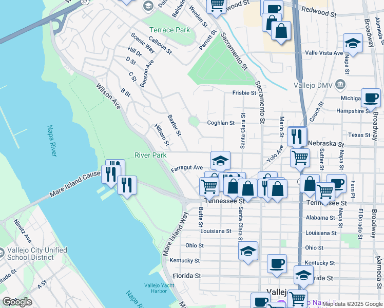 map of restaurants, bars, coffee shops, grocery stores, and more near 522 Hichborn Street in Vallejo