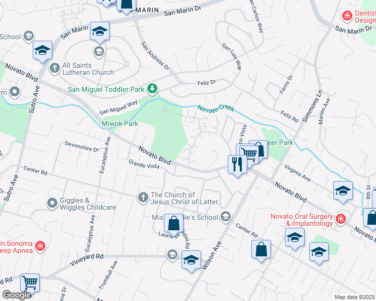 map of restaurants, bars, coffee shops, grocery stores, and more near 17 Oliva Drive in Novato