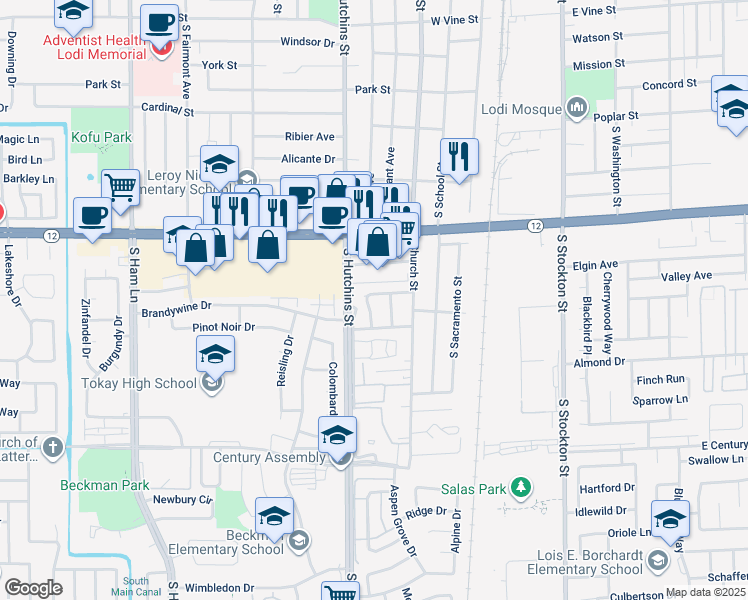map of restaurants, bars, coffee shops, grocery stores, and more near 324 Layland Drive in Lodi