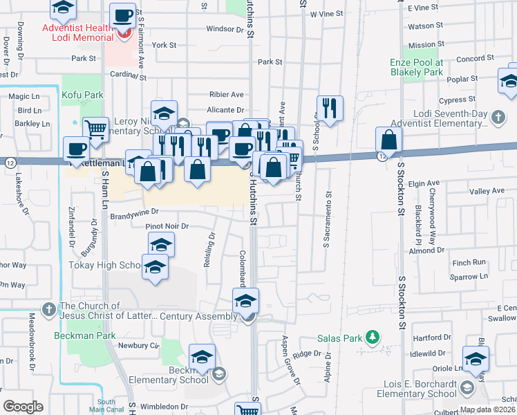 map of restaurants, bars, coffee shops, grocery stores, and more near 333 Layland Drive in Lodi