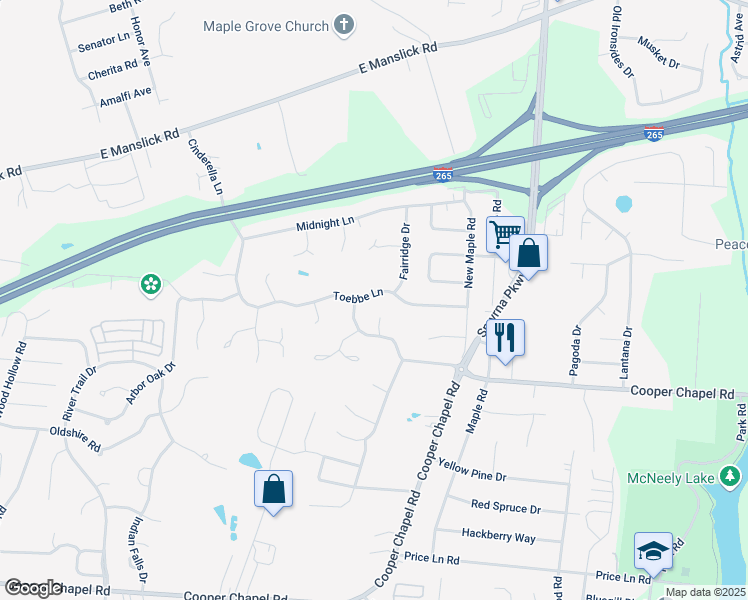 map of restaurants, bars, coffee shops, grocery stores, and more near 6010 Toebbe Lane in Louisville