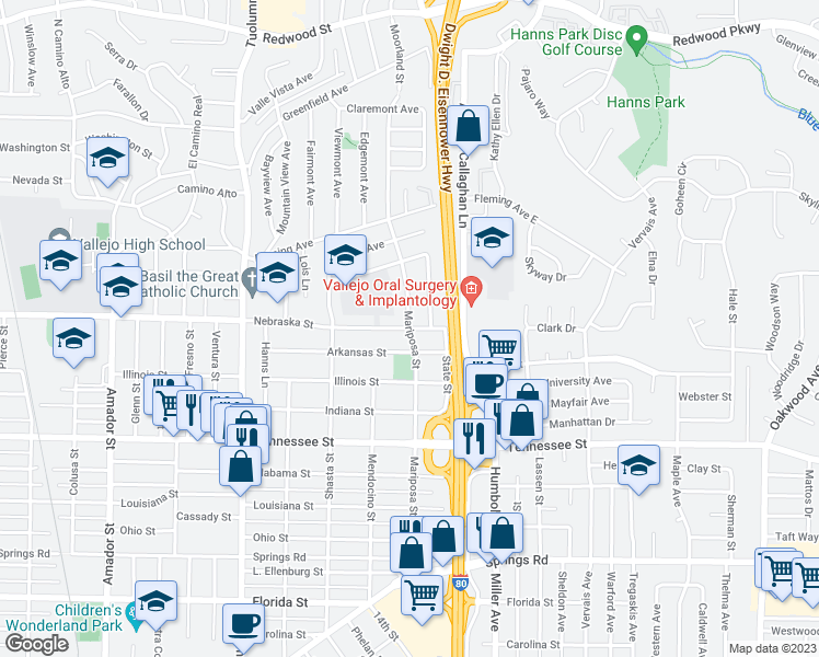 map of restaurants, bars, coffee shops, grocery stores, and more near Nebraska St & Mariposa St in Vallejo