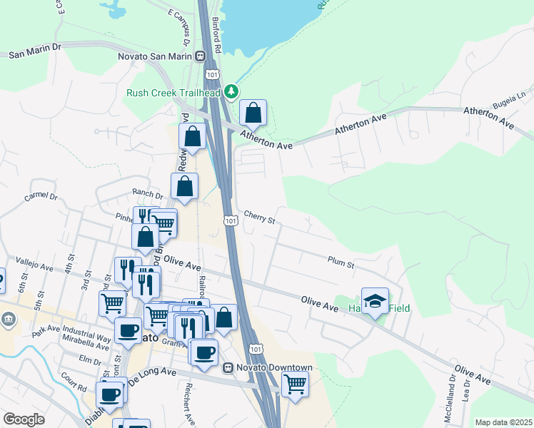 map of restaurants, bars, coffee shops, grocery stores, and more near 712 Cherry Street in Novato