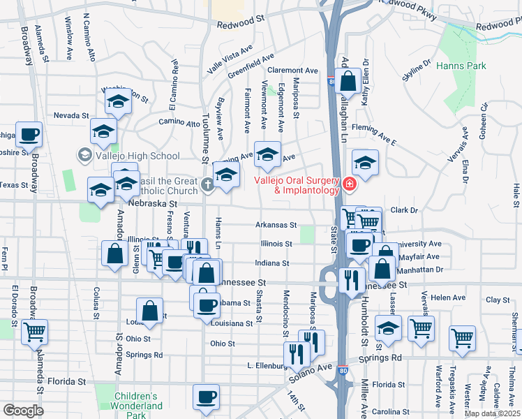 map of restaurants, bars, coffee shops, grocery stores, and more near Nebraska Street & Shasta Street in Vallejo