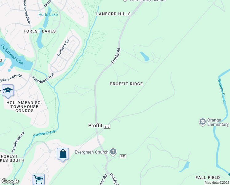 map of restaurants, bars, coffee shops, grocery stores, and more near 2747 Proffit Crossing Lane in Charlottesville