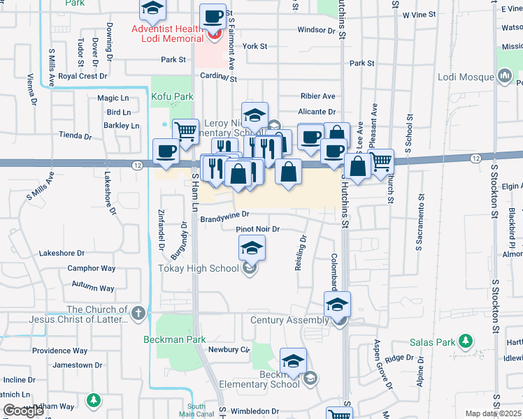 map of restaurants, bars, coffee shops, grocery stores, and more near 915 Brandywine Drive in Lodi