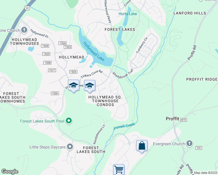 map of restaurants, bars, coffee shops, grocery stores, and more near 1910 Powell Creek Court in Charlottesville