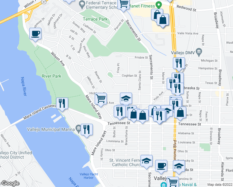 map of restaurants, bars, coffee shops, grocery stores, and more near Hichborn Street in Vallejo