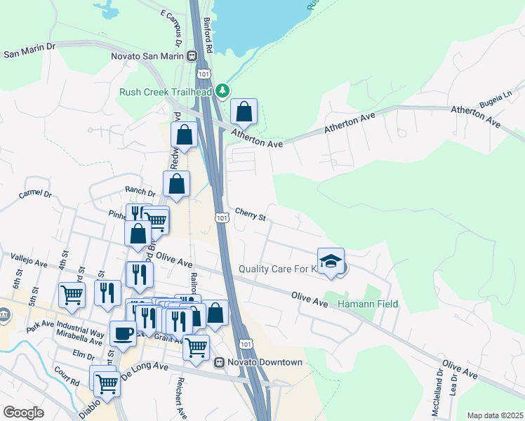 map of restaurants, bars, coffee shops, grocery stores, and more near 710 Cherry Street in Novato