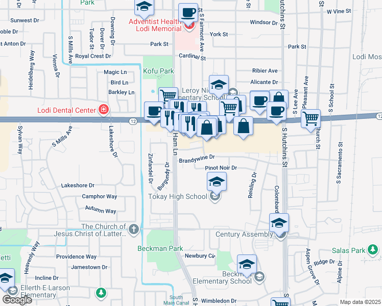 map of restaurants, bars, coffee shops, grocery stores, and more near 1206 Chianti Drive in Lodi
