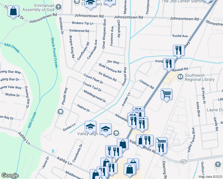 map of restaurants, bars, coffee shops, grocery stores, and more near 5406 Count Fleet Drive in Louisville