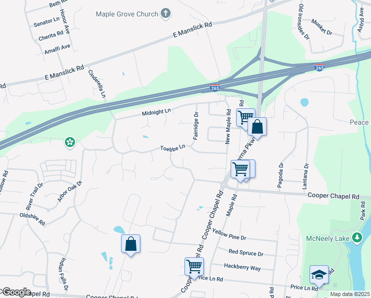 map of restaurants, bars, coffee shops, grocery stores, and more near 6010 Toebbe Lane in Louisville