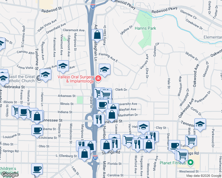 map of restaurants, bars, coffee shops, grocery stores, and more near 1509 Lassen Court in Vallejo