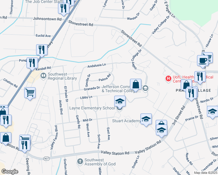 map of restaurants, bars, coffee shops, grocery stores, and more near 4716 Granada Drive in Louisville