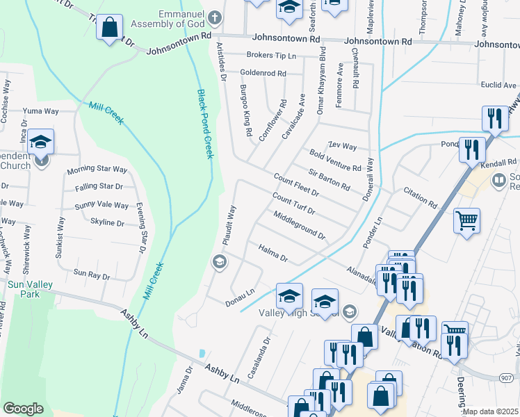 map of restaurants, bars, coffee shops, grocery stores, and more near 9912 Omar Khayyam Boulevard in Louisville