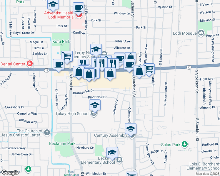 map of restaurants, bars, coffee shops, grocery stores, and more near 775 Brandywine Drive in Lodi