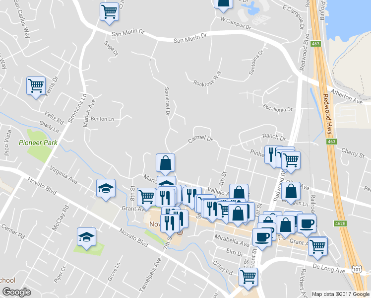 map of restaurants, bars, coffee shops, grocery stores, and more near 10 Carmel Drive in Novato