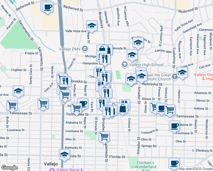 map of restaurants, bars, coffee shops, grocery stores, and more near 640 Broadway in Vallejo