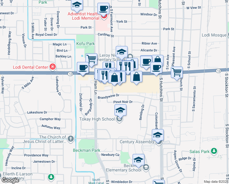 map of restaurants, bars, coffee shops, grocery stores, and more near 1528 South Fairmont Avenue in Lodi