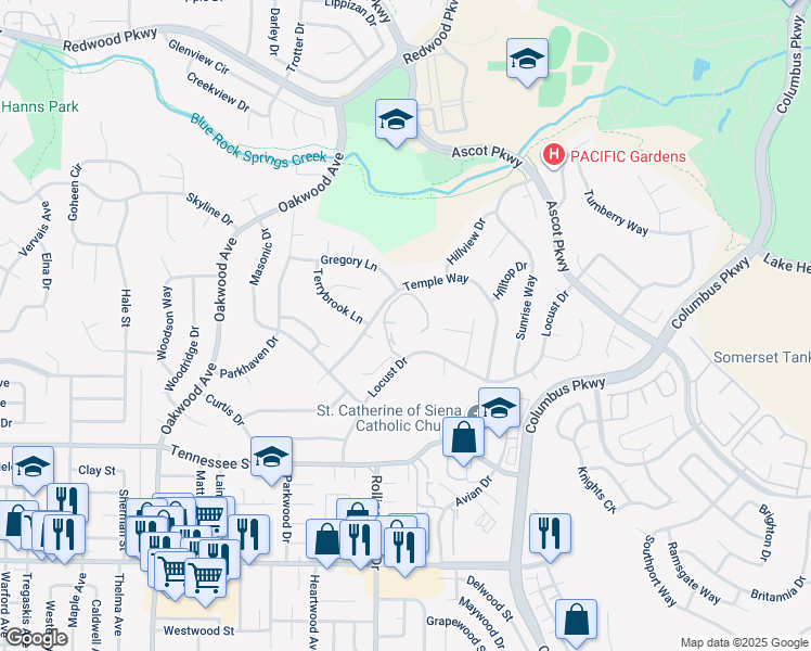 map of restaurants, bars, coffee shops, grocery stores, and more near 350 Locust Drive in Vallejo
