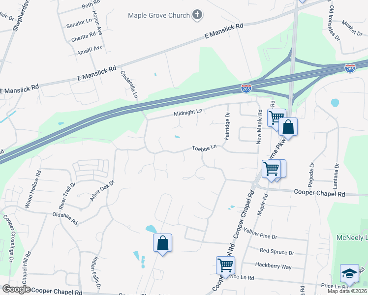 map of restaurants, bars, coffee shops, grocery stores, and more near 5903 Toebbe Lane in Louisville