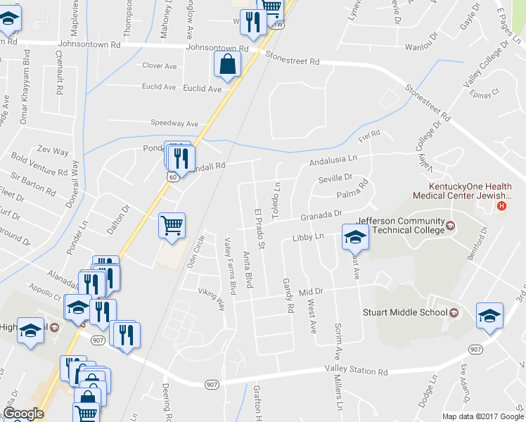 map of restaurants, bars, coffee shops, grocery stores, and more near 9619 El Prado Street in Louisville