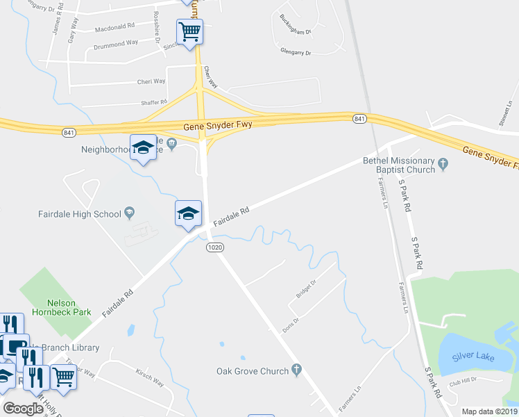 map of restaurants, bars, coffee shops, grocery stores, and more near 1200 Fairdale Road in Louisville