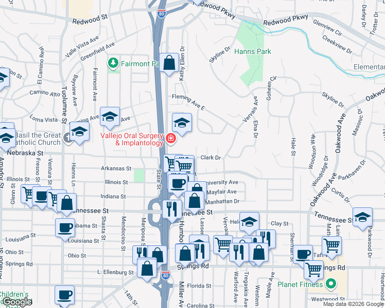 map of restaurants, bars, coffee shops, grocery stores, and more near 1509 Lassen Court in Vallejo