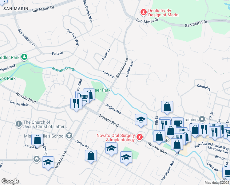 map of restaurants, bars, coffee shops, grocery stores, and more near 8 Kristin Lane in Novato