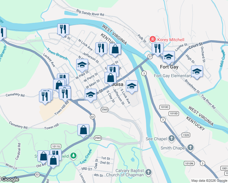 map of restaurants, bars, coffee shops, grocery stores, and more near 102 West Franklin Street in Louisa