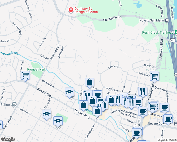 map of restaurants, bars, coffee shops, grocery stores, and more near 21 Winding Way in Novato