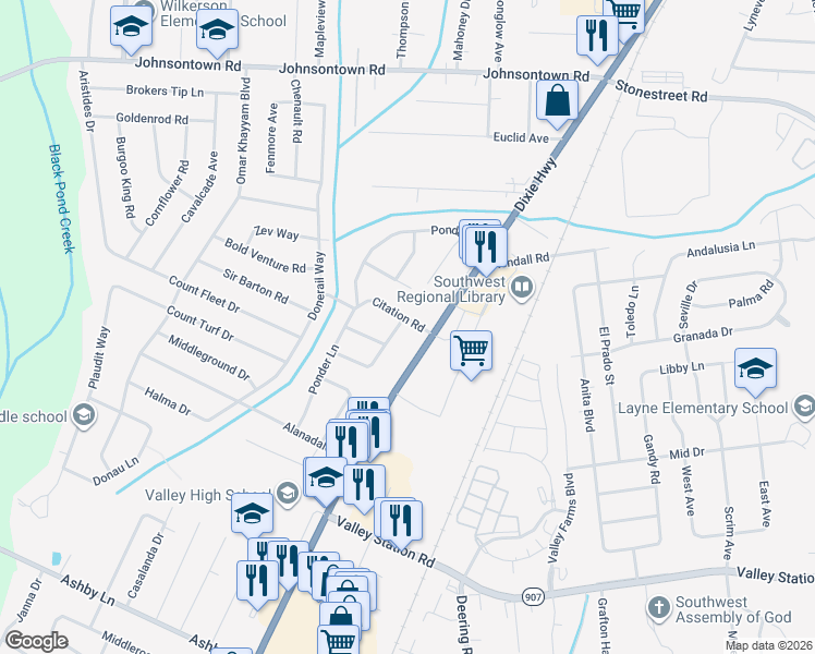 map of restaurants, bars, coffee shops, grocery stores, and more near 9808 Dixie Highway in Louisville