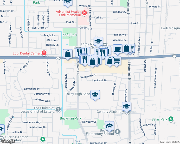 map of restaurants, bars, coffee shops, grocery stores, and more near 1528 South Fairmont Avenue in Lodi