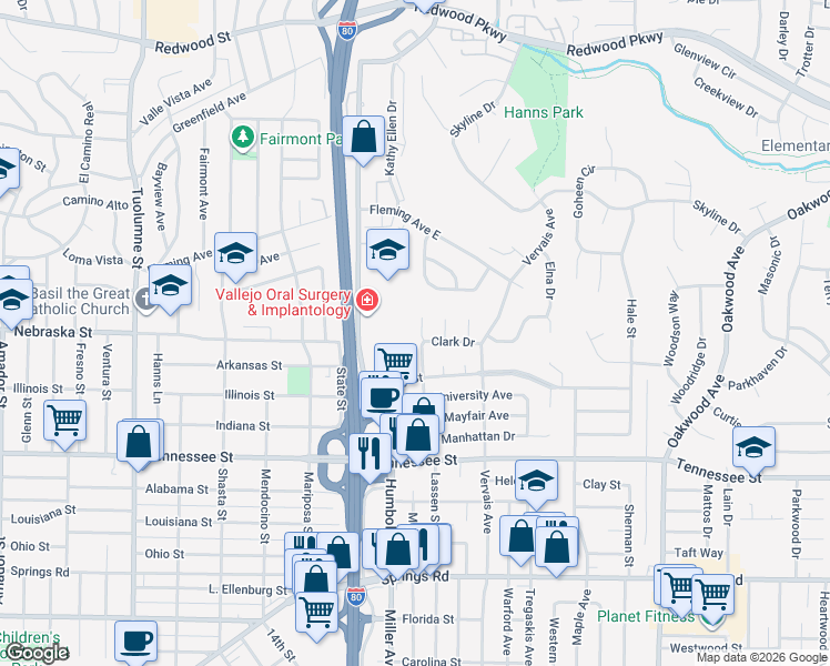 map of restaurants, bars, coffee shops, grocery stores, and more near 1509 Lassen Court in Vallejo