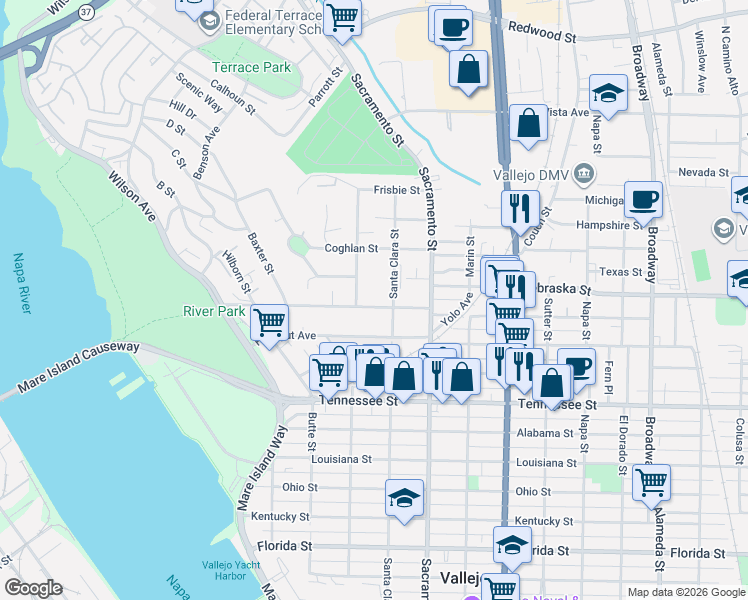 map of restaurants, bars, coffee shops, grocery stores, and more near 622 Hichborn Street in Vallejo