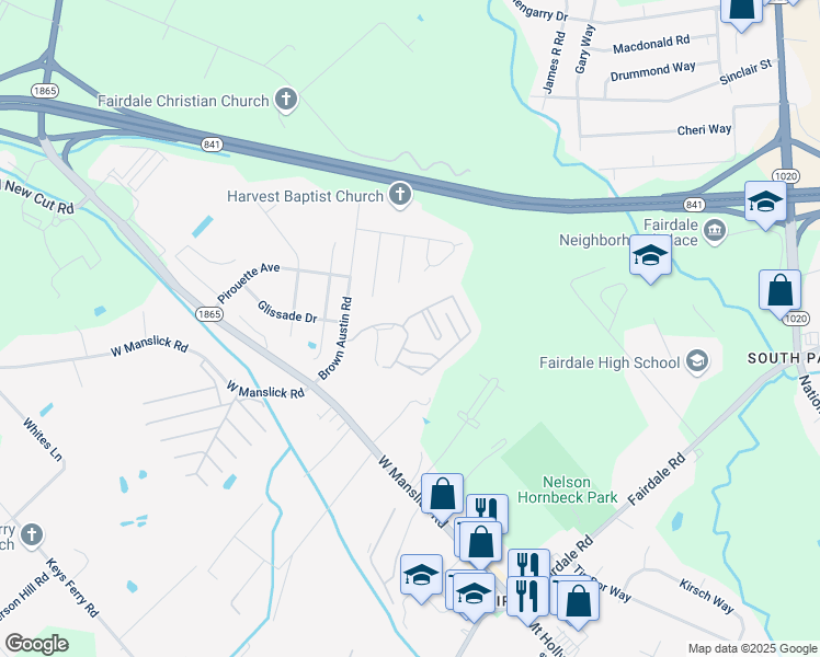 map of restaurants, bars, coffee shops, grocery stores, and more near 9415 Brown Austin Road in Louisville