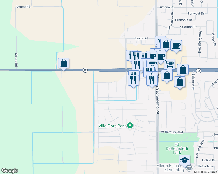 map of restaurants, bars, coffee shops, grocery stores, and more near 3002 West Kettleman Lane in Lodi