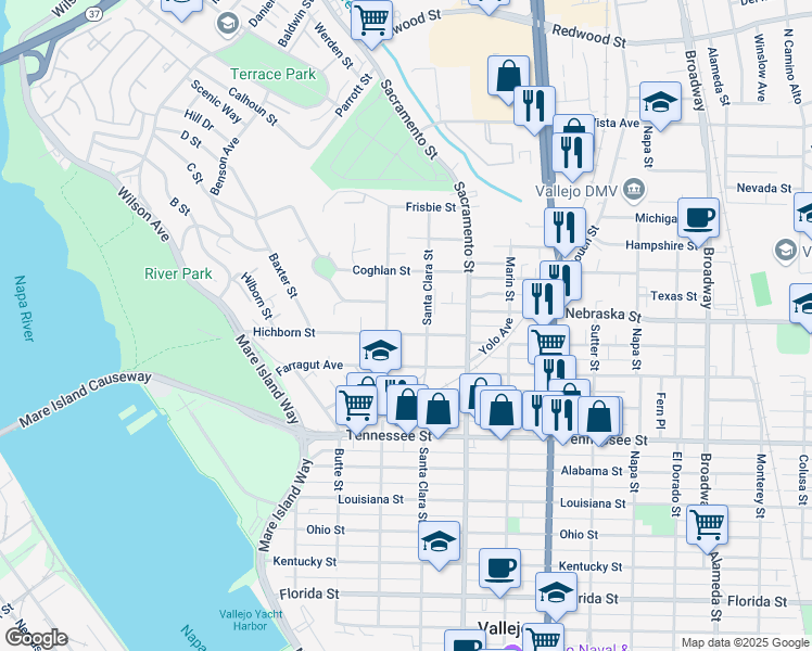 map of restaurants, bars, coffee shops, grocery stores, and more near 620 Hichborn Street in Vallejo