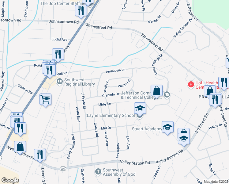 map of restaurants, bars, coffee shops, grocery stores, and more near 4803 Granada Drive in Louisville