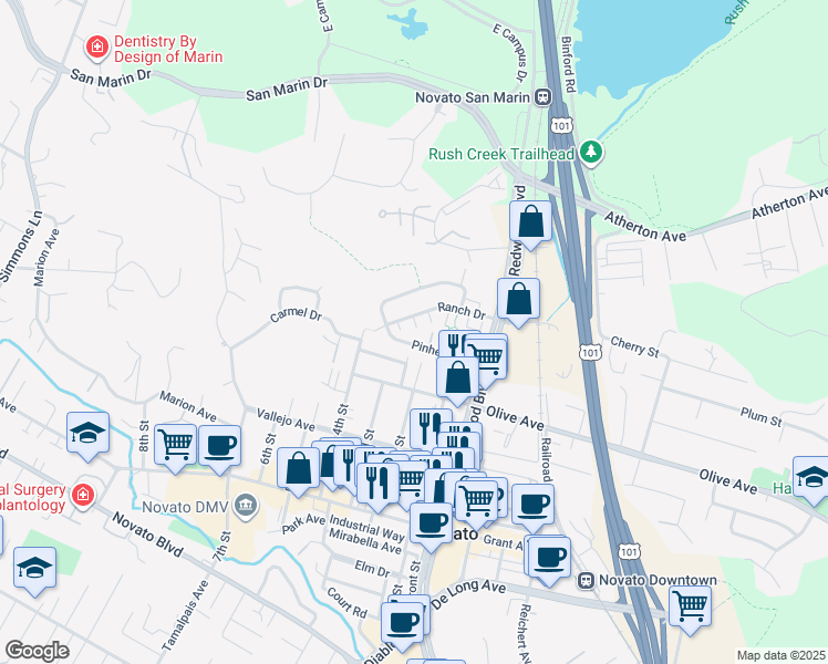 map of restaurants, bars, coffee shops, grocery stores, and more near 85 Ranch Drive in Novato