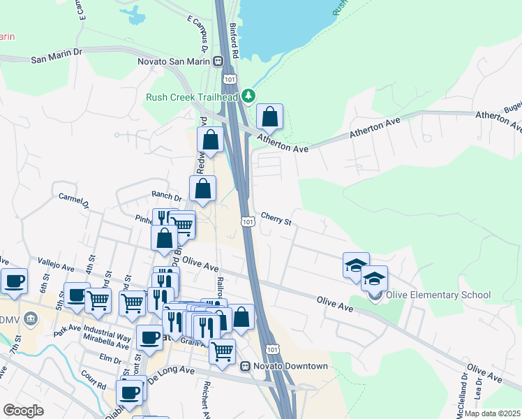 map of restaurants, bars, coffee shops, grocery stores, and more near 724 Cherry Street in Novato
