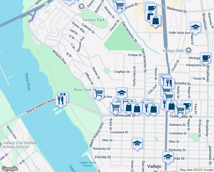 map of restaurants, bars, coffee shops, grocery stores, and more near 516 Hichborn Street in Vallejo