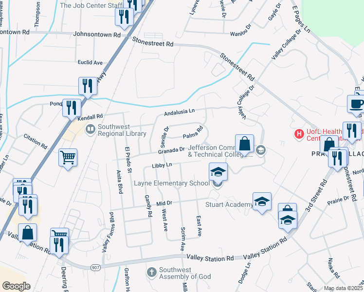 map of restaurants, bars, coffee shops, grocery stores, and more near 4803 Granada Drive in Louisville