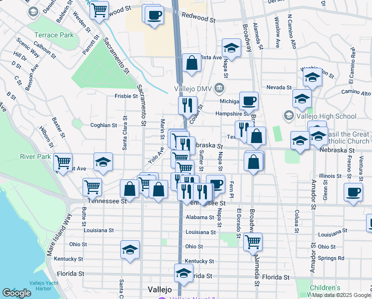 map of restaurants, bars, coffee shops, grocery stores, and more near 2920 Sonoma Boulevard in Vallejo